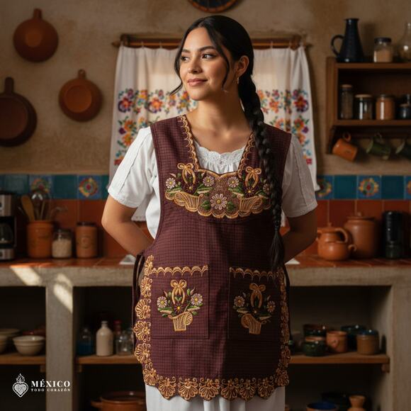 Brown Mexican Embroidered Smock Apron – Floral Traditional Design for Women - Picture 1 of 8